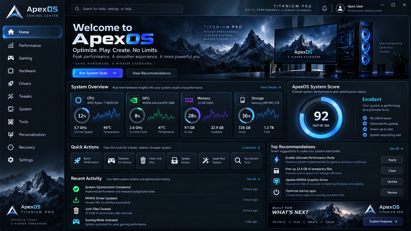 ApexOS system performance dashboard