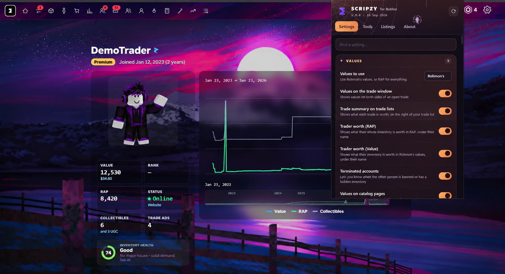 Scripzy trade tools shown inside Roblox