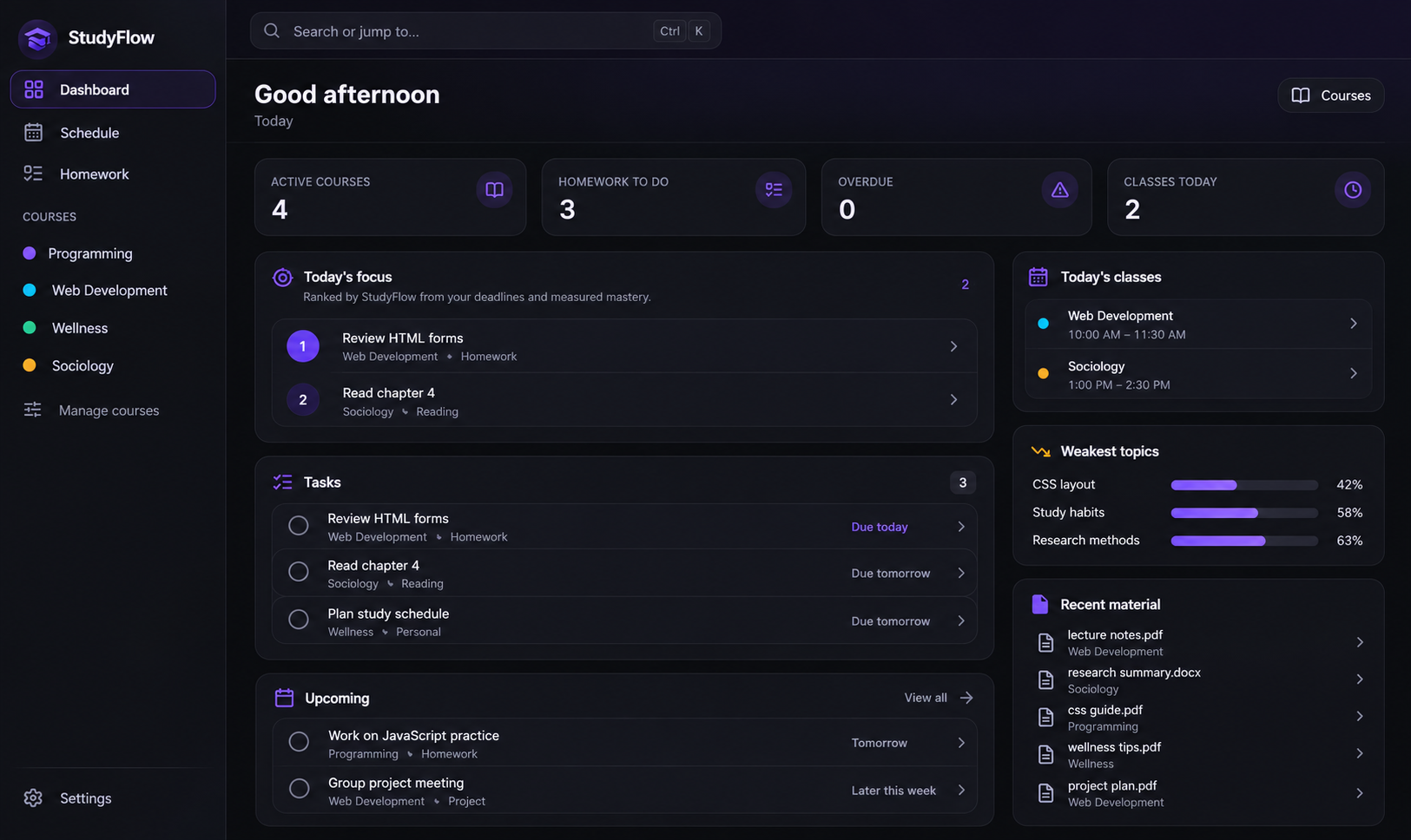 StudyFlow AI student dashboard